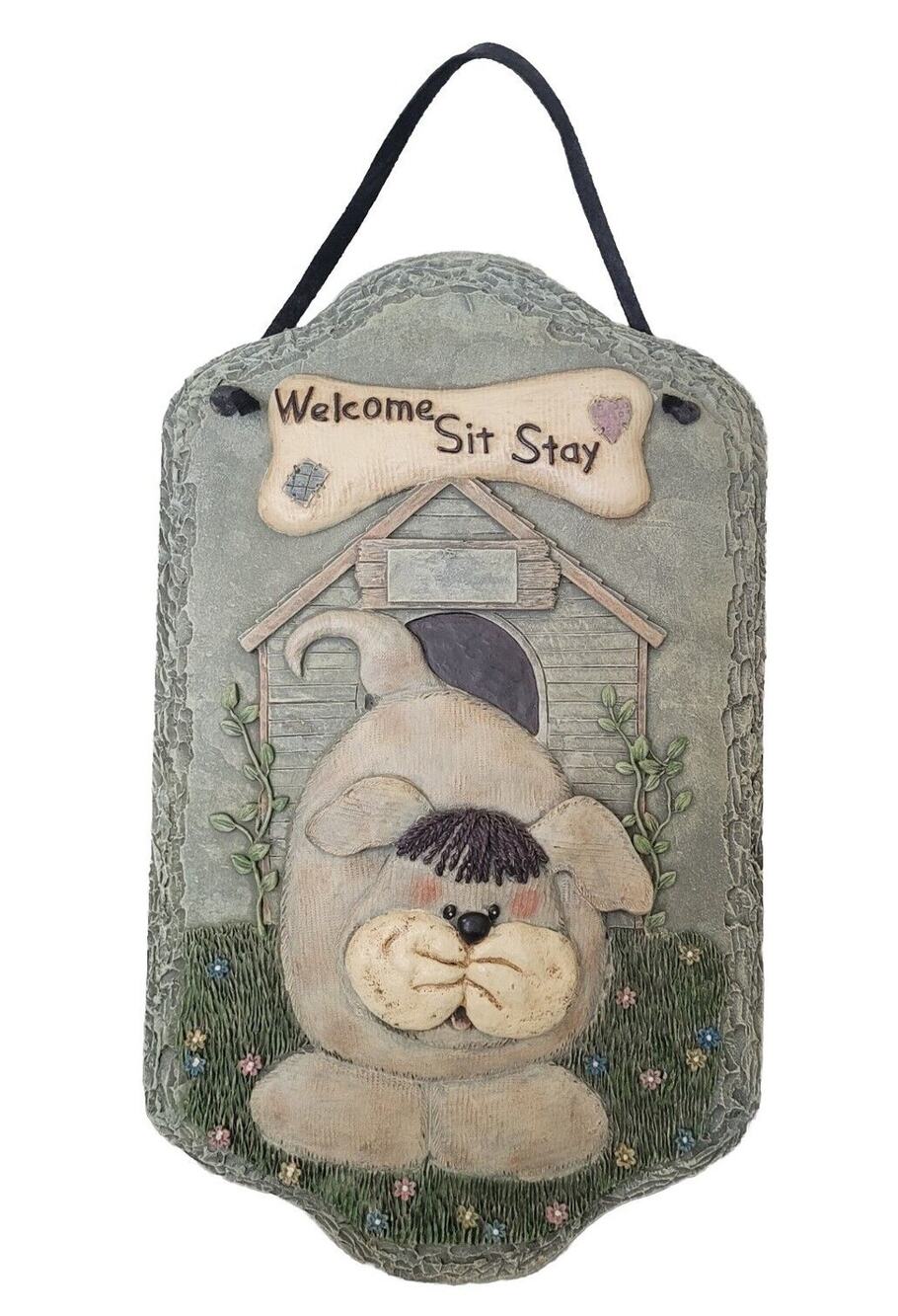 Vtg TCR Welcome Sit Stay Dog Flower Plaque Sign Wall Hanging Slate